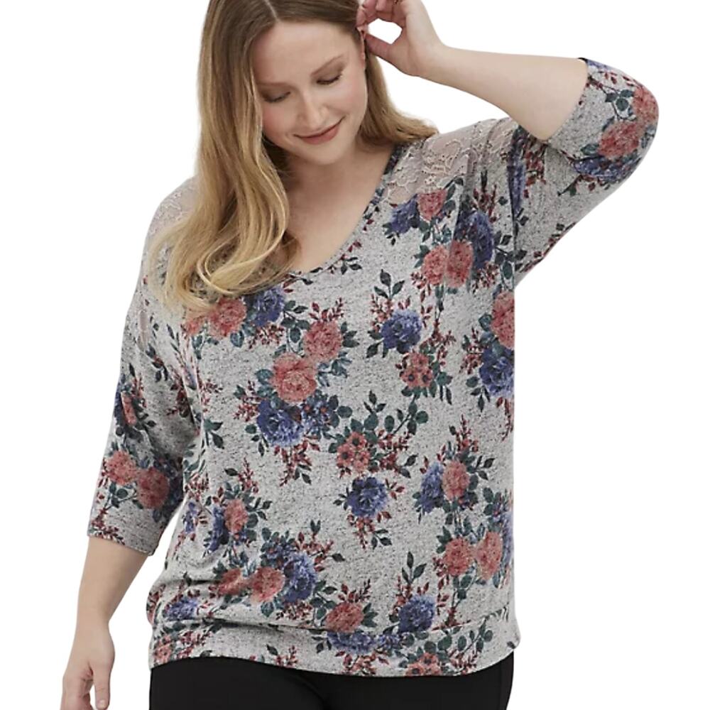 Torrid NWT Dolman Top - Super Soft Plush Floral Grey Size 1X Raglan Sleeves